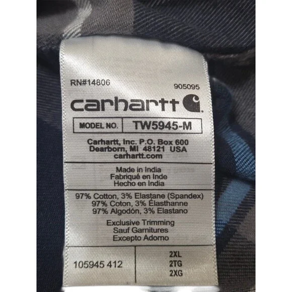 Carhartt Rugged Flex Relaxed Fit Long Sleeve Blue Plaid Flannel Shirt 2XL E1.8 - Picture 6 of 10